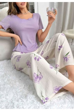 Kadın Mor Çiçek Desenli Yumuşak Pamuklu Uzun Pijama Takımı
