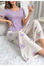 Kadın Mor Çiçek Desenli Yumuşak Pamuklu Uzun Pijama Takımı