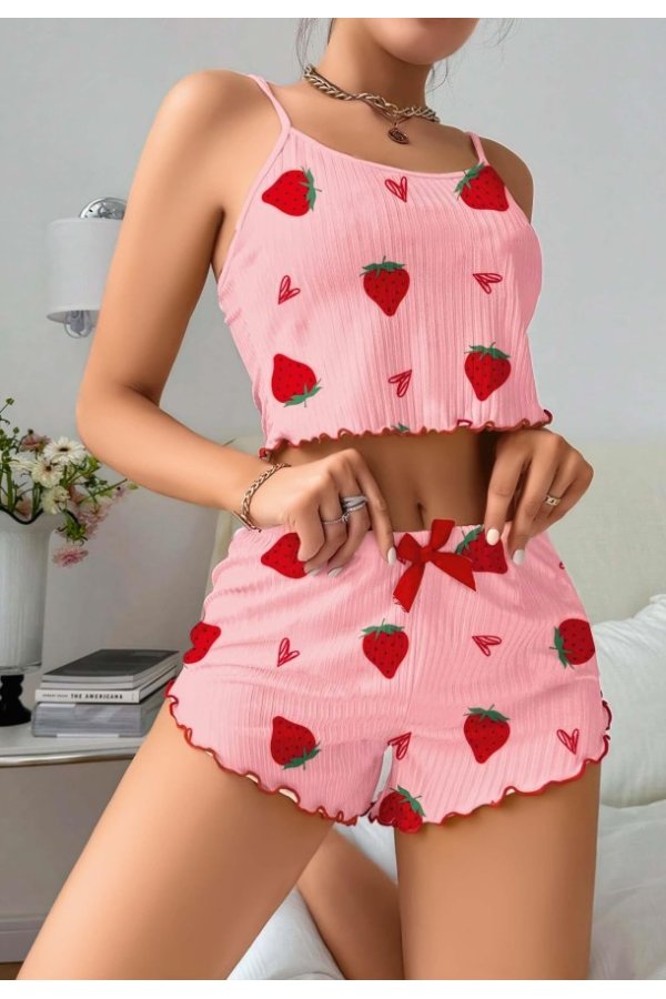 Kadın Pembe Çilek desenli Şortlu Pijama Takımı 5056