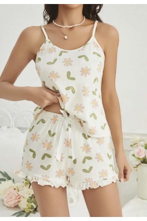 Kadın Ekru Çiçek Baskılı Şortlu Gecelik Pijama Takımı