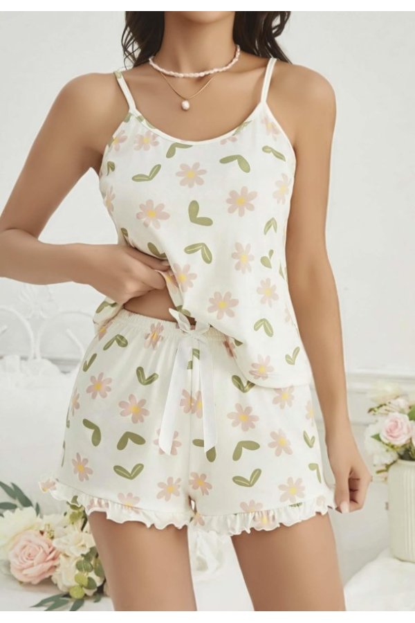 Kadın Ekru Çiçek Baskılı Şortlu Gecelik Pijama Takımı