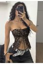 Kadın Leopar Desenli Crop Önden Büzgü detaylı 5096