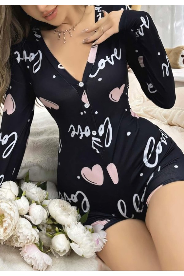 Kadın Siyah Kalp Desenli Love Yazılı Pijama Tulumu 5124