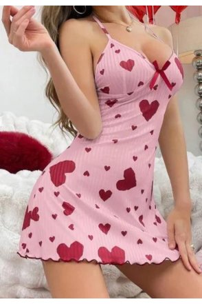 Kadın Pembe Kırmızı Kalp Desenli Askılı Sırt Dekolteli Elbise 5064