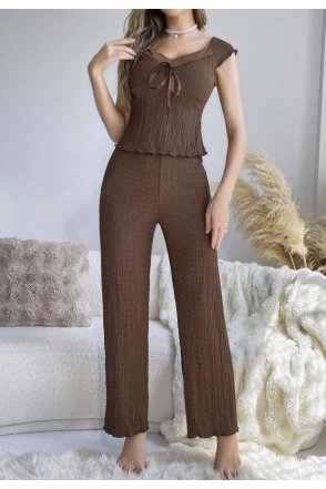 Kadın Kahverengi Kurdela Detaylı Yumuşak Pamuklu Uzun Pijama Takımı 5135