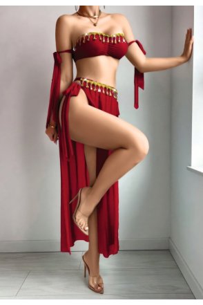 Kadın Bordo  Dansöz Elbisesi Parlak Aksesuar Fantezi Kostüm 2316