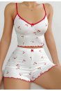 Kadın Vişne Desenli Dantel Askılı Şortlu Pijama Takımı