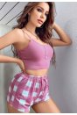 Kadın Pembe Kareli Desenli Askılı Şortlu Pijama Takım 5003