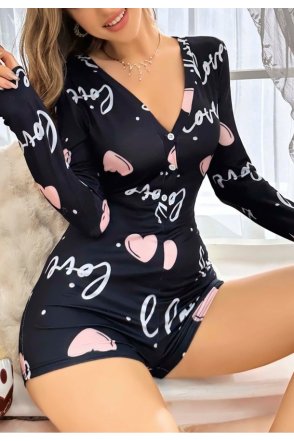 Kadın Siyah Kalp Desenli Love Yazılı Pijama Tulumu 5124