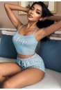 Kadın Mavi Çizgili Desenli Askılı Şortlu Pijama Takım 5001