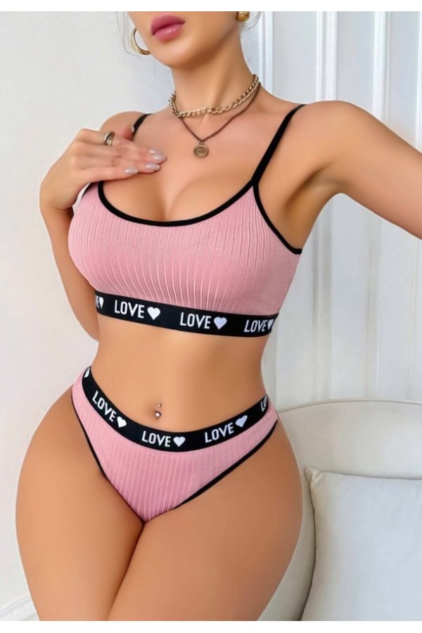 Kadın Pembe Love Yazılı Sütyen Kilot Takımı 5167