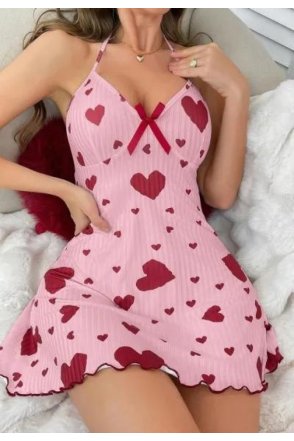 Kadın Pembe Kırmızı Kalp Desenli Askılı Sırt Dekolteli Elbise 5064