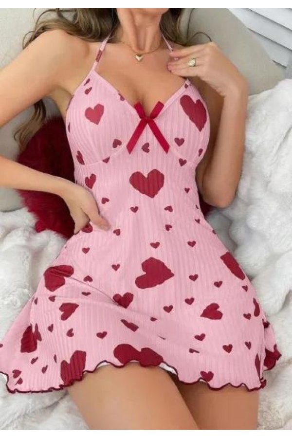Kadın Pembe Kırmızı Kalp Desenli Askılı Sırt Dekolteli Elbise 5064