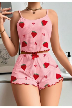 Kadın Pembe Çilek desenli Şortlu Pijama Takımı 5056