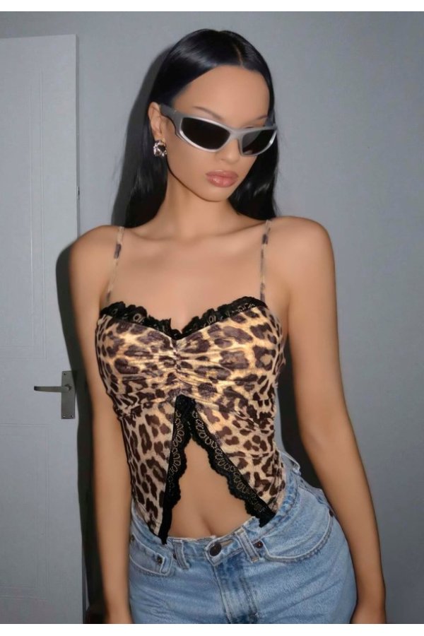 Kadın Leopar Desenli Crop Önden Dantel detaylı 5095