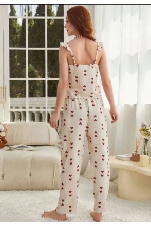 Kadın Ekru Kırmızı Kalp Desenli Yumuşak Pamuklu Uzun Pijama Takımı 5136