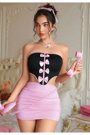 Kadın Pembe Etekli Fiyonk Detaylı Fantezi Elbise 2154
