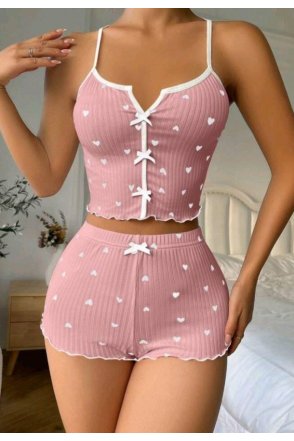 Kadın Pembe Kalpli Askılı Şortlu Pijama Takım 5009