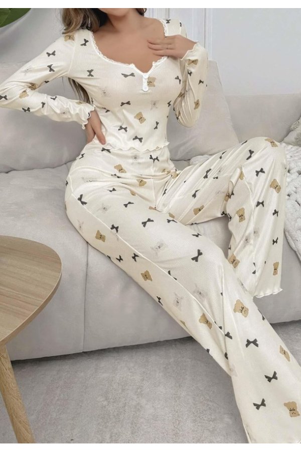 Kadın Ekru Ayıcık ve Fiyonk Desenli Yumuşak Pamuklu Uzun Pijama Takımı 5129