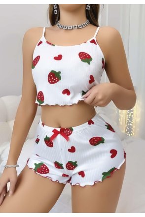 Kadın Beyaz Çilek desenli Şortlu Pijama Takımı 5053