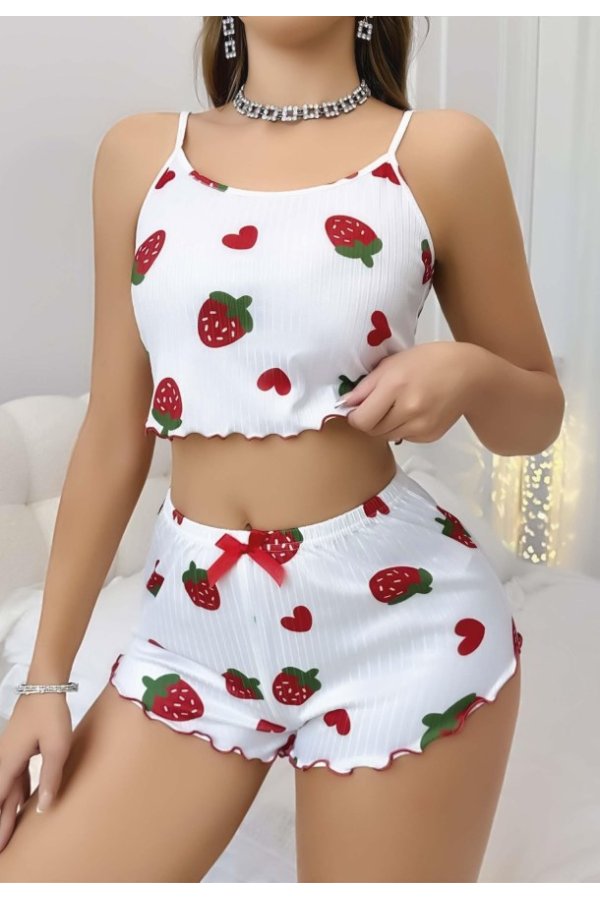 Kadın Beyaz Çilek desenli Şortlu Pijama Takımı 5053