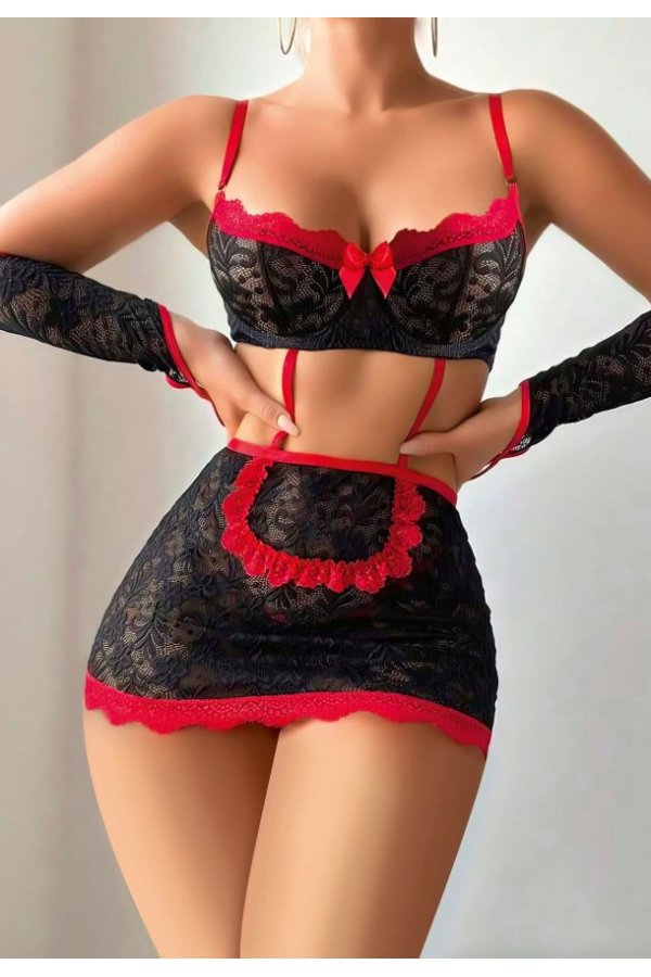5 parça Kırmızı Siyah Dantel Çiçek Desen Hizmetçi Model Özel Fantezi Tanga Hediyeli 2043