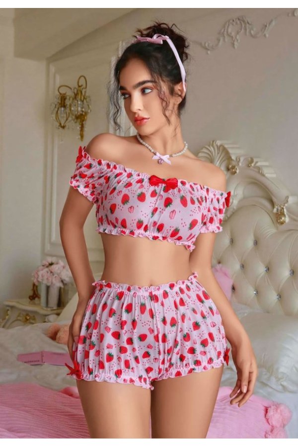 Kadın Pembe Çilek Desenli Fantezi Şort Takım
