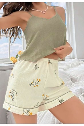 Kadın Ekru Çiçek Baskılı Şortlu Gecelik Pijama Takımı