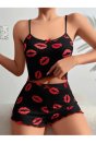 Kadın Siyah Dudak Desenli Şortlu Pijama Takımı