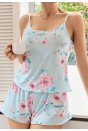 Kadın Bebek Mavisi Çiçek Desenli Askılı Şortlu Pijama Takım