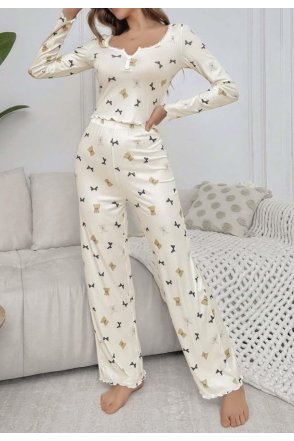 Kadın Ekru Ayıcık ve Fiyonk Desenli Yumuşak Pamuklu Uzun Pijama Takımı 5129