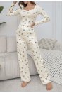 Kadın Ekru Ayıcık ve Fiyonk Desenli Yumuşak Pamuklu Uzun Pijama Takımı 5129