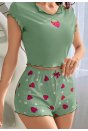 Kadın Yeşil Çilek Desenli Askılı Şortlu Pijama Takım 5004