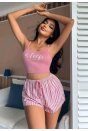 Kadın Pembe Çizgili Desen Askılı Şortlu Pijama Takım