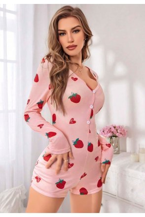 Kadın Pembe Çilek Desenli Pijama Tulumu 5125