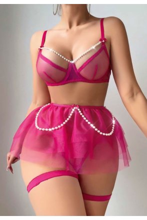 Kadın Fuşya İnci Detaylı Tül Etekli Seksi Fantezi Kostüm 2189