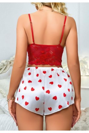 Kadın Kırmızı Kalp Desenli Şort Askılı Dantel Üst Pijama Takımı