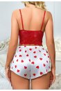 Kadın Kırmızı Kalp Desenli Şort Askılı Dantel Üst Pijama Takımı