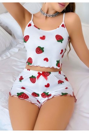 Kadın Beyaz Çilek desenli Şortlu Pijama Takımı 5053