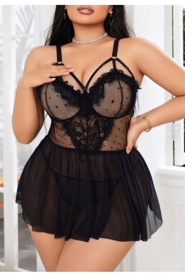 Kadın Nakışlı Siyah Gotik İp Askılı Büyük Beden Tüllü Transparan Fantezi Gecelik 8007