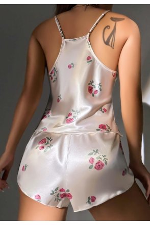 Kadın Ekru Gül Desenli Askılı Dantel Üst Pijama Takımı