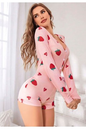 Kadın Pembe Çilek Desenli Pijama Tulumu 5125