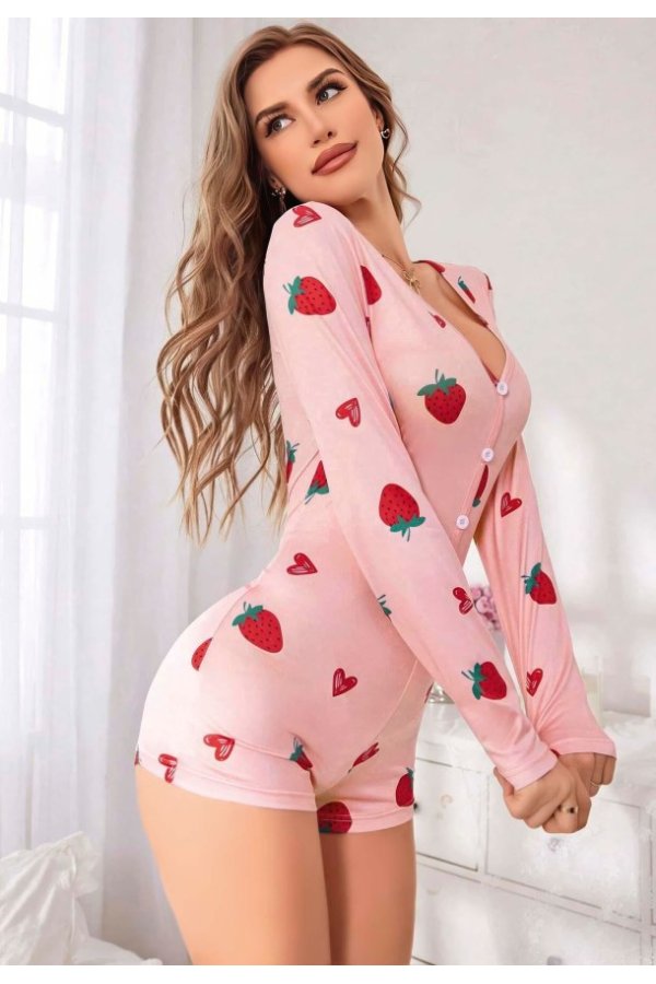 Kadın Pembe Çilek Desenli Pijama Tulumu 5125