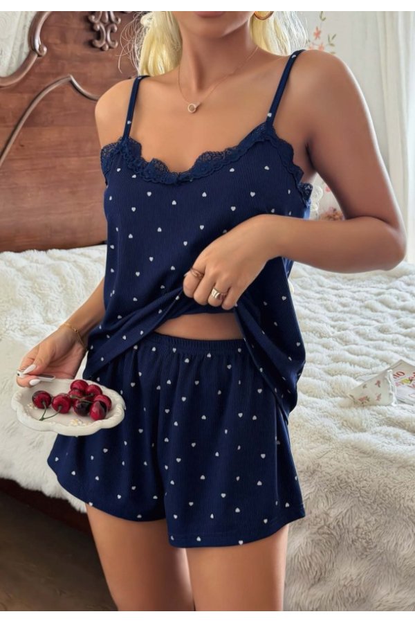 Kadın Dantel Detaylı Lacivert Şortlu Pijama Takım