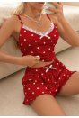 Kadın Kırmızı Puantiyeli Dantelli Yumuşak Askılı Şortlu Pijama Takımı 5266