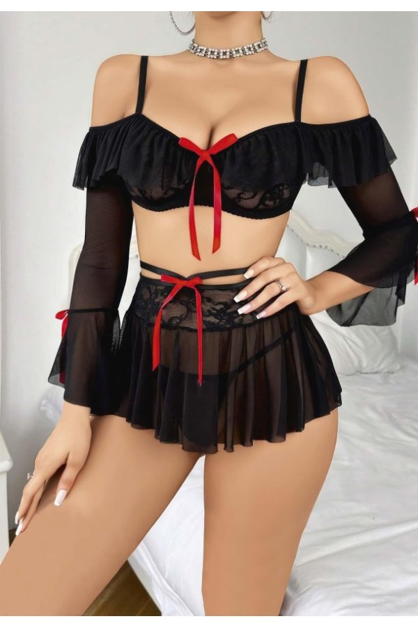Kadın Siyah Etek Bustiyer Sexy Gecelik Takım 2157