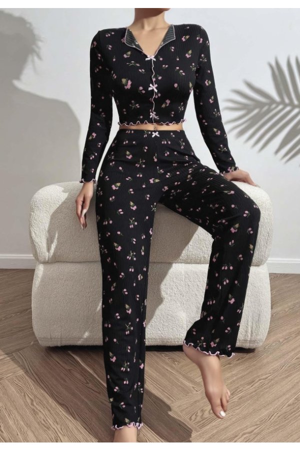 Kadın Çiçek ve Fiyonk Desenli Yumuşak Pamuklu Uzun Pijama Takımı 5134