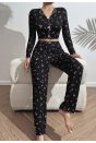 Kadın Çiçek ve Fiyonk Desenli Yumuşak Pamuklu Uzun Pijama Takımı 5134