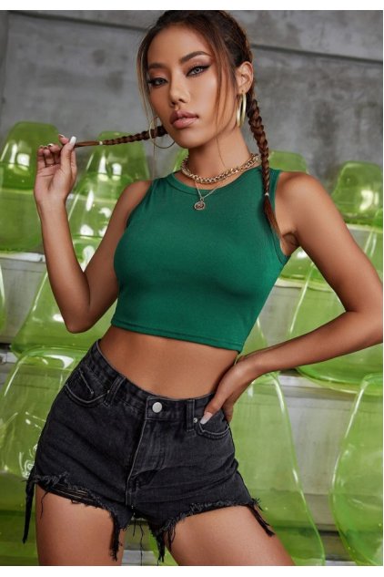 Kadın Yeşil Kare Yaka Crop Top Bluz