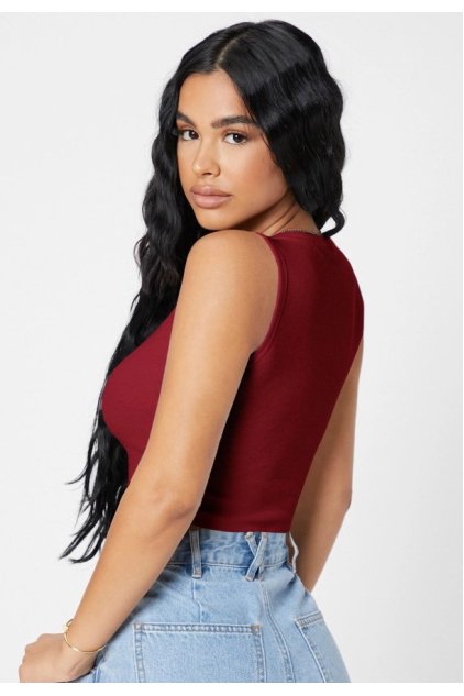 Kadın Bordo Kare Yaka Crop Top Bluz